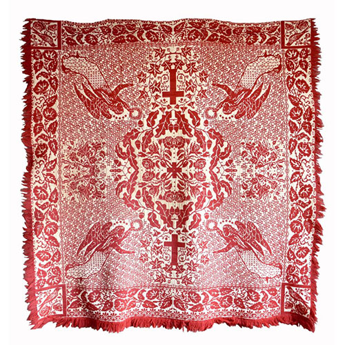 Red wool and white linen coverlet