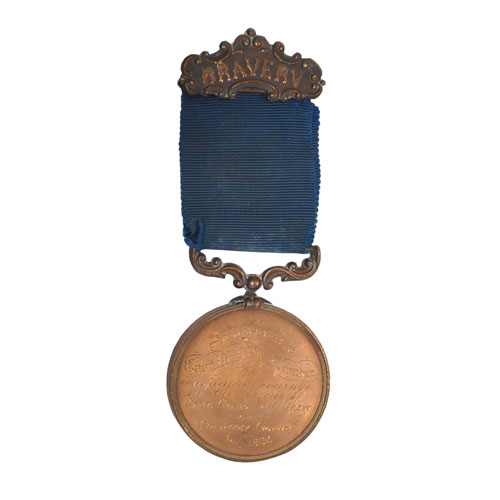 Bronze medal on blue ribbon