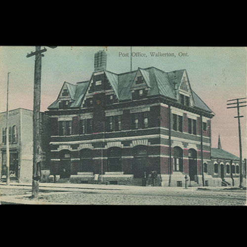 Colourized postcard of Walkerton post office exterior