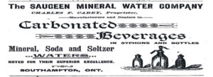 Advertisement for Saugeen Mineral Water Company dated 1895.