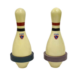 Two bowling pins with rubber rings