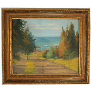 Painting of dirt road, lined by trees heading towards beach.