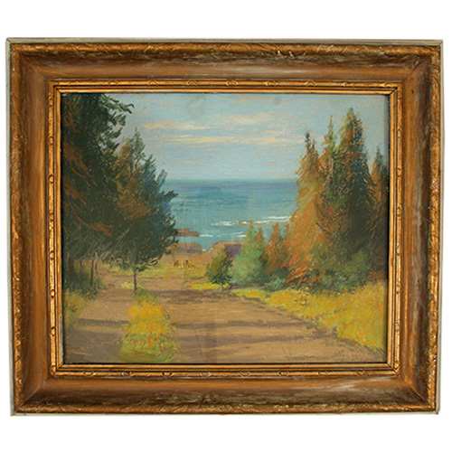 Painting of dirt road, lined by trees heading towards beach.