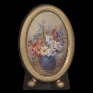 Miniature oval painting of flowers in a blue vase