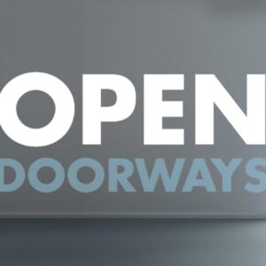 graphic of a wall with the words "Open Doorways" on it