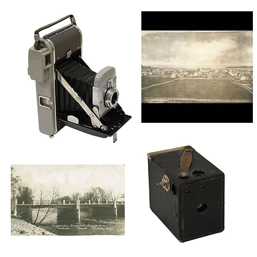 Two cameras and two photographs in a square.