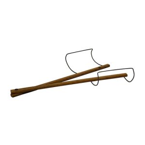 Pie lifter. Two wooden arms with metal brackets hinged together at bottom end.
