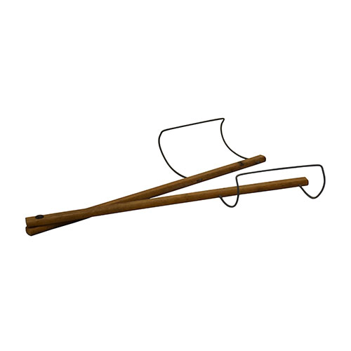 Pie lifter. Two wooden arms with metal brackets hinged together at bottom end.