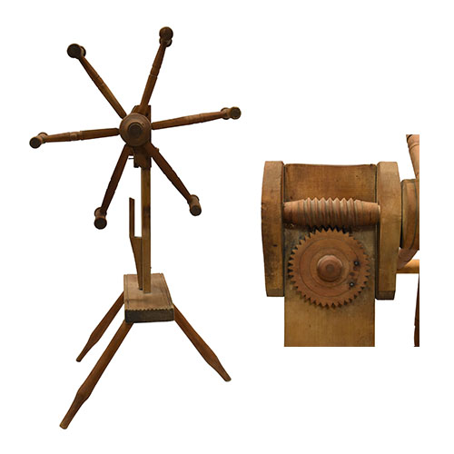 Windmill style yarn winder and close-up of mechanism.
