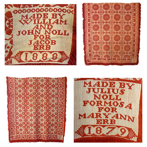 Photo of two coverlets and their maker's marks.