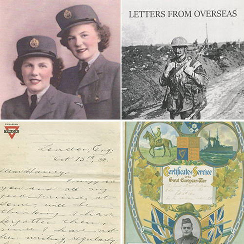4 images of female soldiers, letter, book cover and certificate
