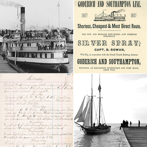 Compilaton of 4 images: steamboat, sailboat, handwritten document, typed poster advertising transportation by boat
