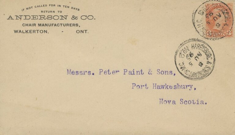 Brown envelope with Anderson & Co. letterhead addressed to Peter Paint, Nova Scotia