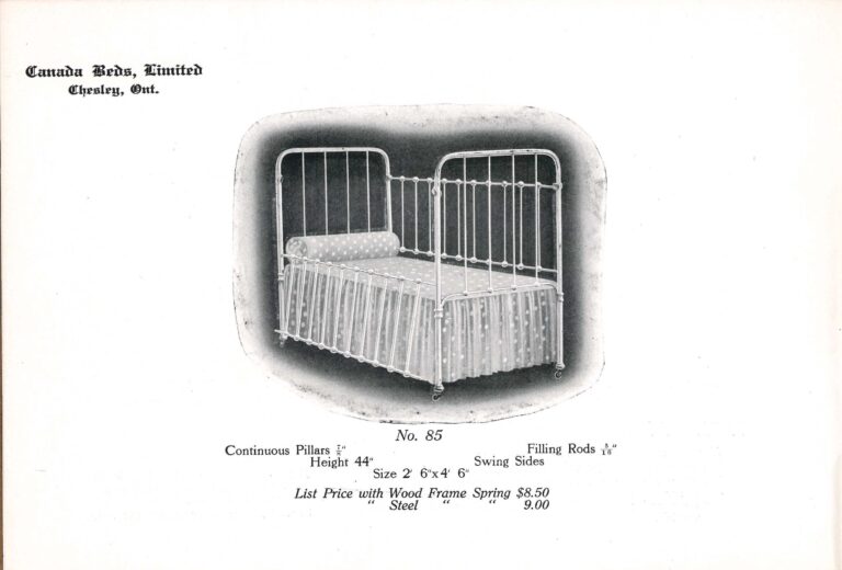 Black-and-whit ehotograph of a bed with metal head, side and foot frames, with text "Canada Beds, Limited, Chesley"