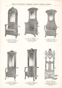 six illustrations of Hat trees, with bench. Text at page top: Chesley Furniture Company Limited"
