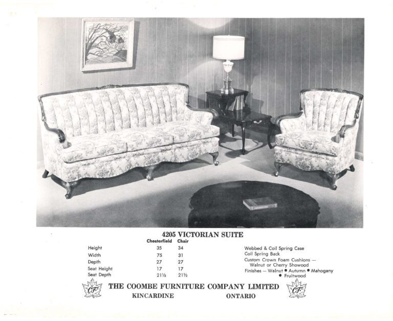 Picture of Couch, end table and chair, with Coombe Furniture Company 4205 Victorian Suite details
