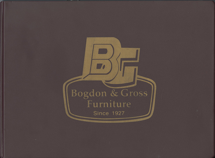 Front cover of "BG Bogdon & Gross Furniture" catalogue; gold lettering and burgandy background