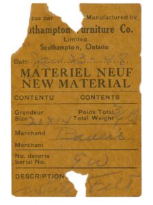 Torn Brown tag with black typeset - "Southampton Furniture" new material furniture tag