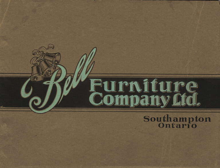 Front cover of Bell Furniture Catalogue - with Brown background, light blue company name, and illustrationof three bells.