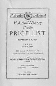 Black and white title page of Malcolm Colonial Price List 1935