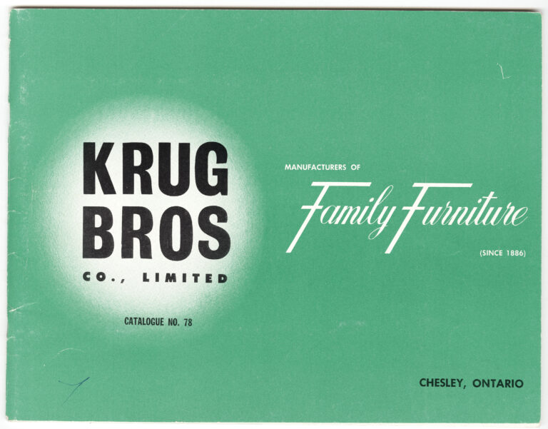 Green cover of a furniture catalogue, with text "Krug Bros. Co. Ltd., manufacturers of Family Furniture (since 1886)