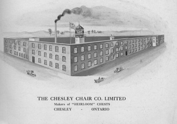 Illustration of a large three-story factory building, with corner in the centre of the image, and two exterior walls extending from it. Text: Chesley Chair Co. Limited, Makers of Heirloom Chests, Chesley, Ontario