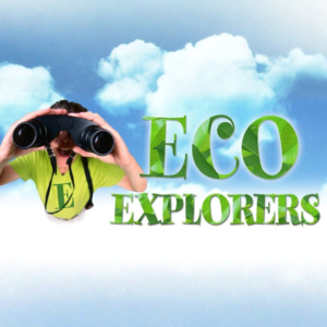 Eco Explorers logo featuring a child looking through binoculars beside the words “Eco Explorers” in green leaf-patterned lettering against a blue sky background.