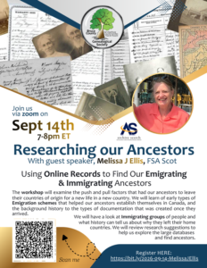 Poster for a Bruce County Genealogical Society Zoom workshop, Researching Our Ancestors: Using Online Records to Find Our Emigrating & Immigrating Ancestors, with guest speaker Melissa J. Ellis. Event takes place September 14 from 7 to 8 p.m. ET. Features historical documents, photographs, a speaker photo, and registration information.