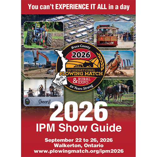 Program title pager for 2026 International Plowing Match & Rural Expo in Walkerton, Ontario, featuring event dates, website, and slogan "You can't EXPERIENCE IT ALL in a day." Includes photos of farming equipment, horse riding, live music, and a tractor, with a central logo highlighting "Bruce County," "50 Years Strong," and "2026."