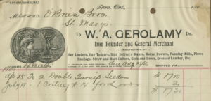A photograph of a vintage receipt from W. A. Gerolamy, Iron Founder and General Merchant, dated August 25, 1906, addressed to Messrs O'Brien Bros