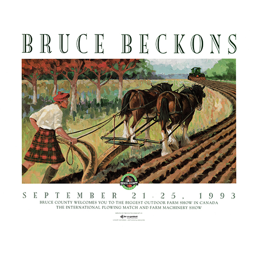 A poster promoting the International Plowing Match held September 21-25, 1993, in Bruce County, Canada. The artwork features a farmer in a kilt guiding two horses plowing a field, with a tractor in the background, highlighting traditional and modern farming methods. Headline is "Bruce Beckons".