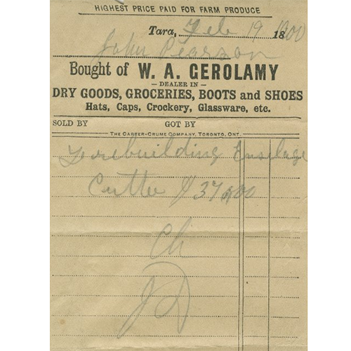 A vintage handwritten receipt from W. A. Gerolamy, a dealer in dry goods, groceries, boots, shoes, hats, caps, crockery, and glassware, dated February 19, 1900. The document includes printed headers and handwritten annotations on aged paper.