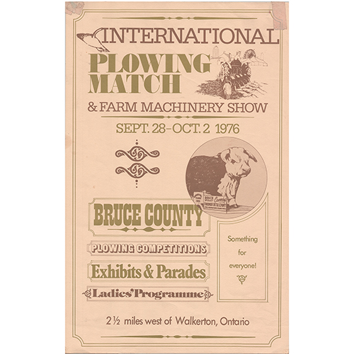 Vintage poster announcing International Plowing Match and Farm Machinery Show held September 28 to October 2, 1976, in Bruce County, Ontario. Features brown and green text with illustrations of a plow tractor and a cow, highlighting plowing competitions, exhibits, parades, and a ladies' program.