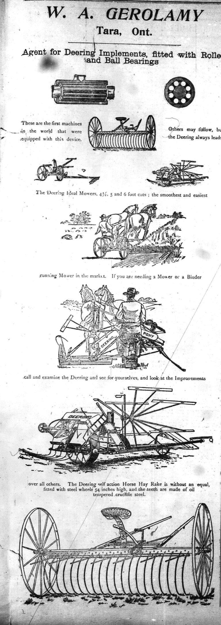 A black-and-white newspaper clipping from May 11, 1899, featuring an advertisement for W. A. Gerolamy, an agent for Deering Implements in Tara, Ontario. The ad includes detailed line drawings of various agricultural machines and descriptive text.
